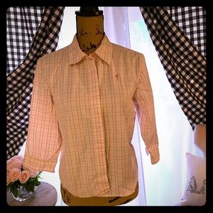 Woman’s petite large plaid top preppy pink green